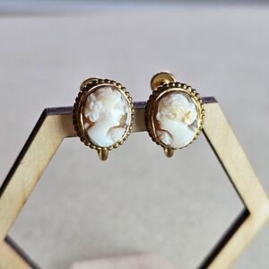 Vintage 20s 30s DaBro 1/20 12K Gold Filled Shell Cameo Screw Back Earrings